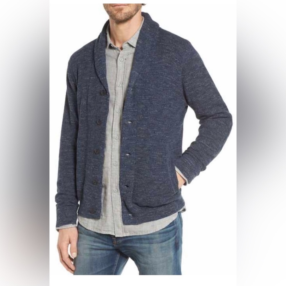 ISO: Obey Men’s Shawl-Collar Cardigan • Blue-Grey w/ Brown Buttons • S, M, L, XL